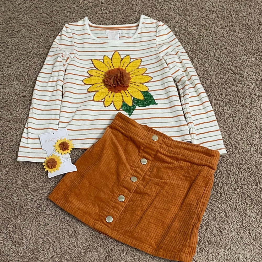 Striped Sunflower Top and Corduroy Skirt Set with hair clips outfit